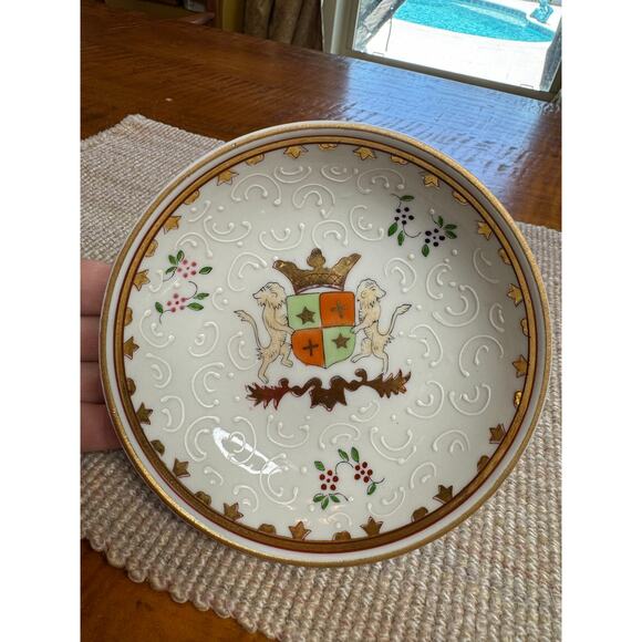 Hand Painted Footed German Trinket Dish - Crown and Lion Coat of Arms - Picture 2 of 6